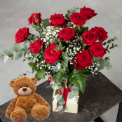 12 Red Roses Bouquet and Teddy Bear